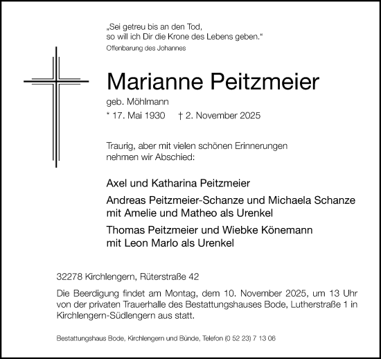 Traueranzeige von Marianne Peitzmeier von Neue Westfälische und Westfalen-Blatt