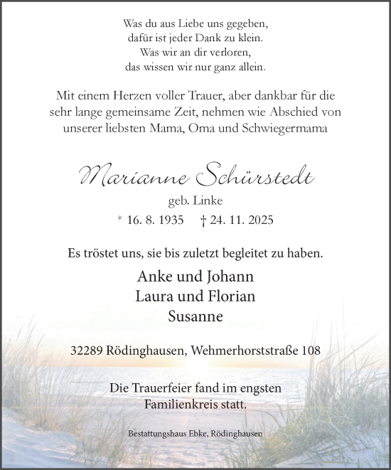 Traueranzeige von Marianne Schürstedt von Neue Westfälische und Westfalen-Blatt