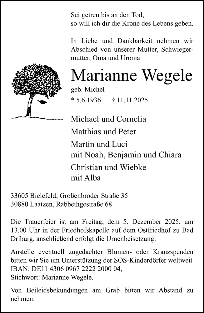  Traueranzeige für Marianne Wegele vom 29.11.2025 aus Neue Westfälische und Westfalen-Blatt
