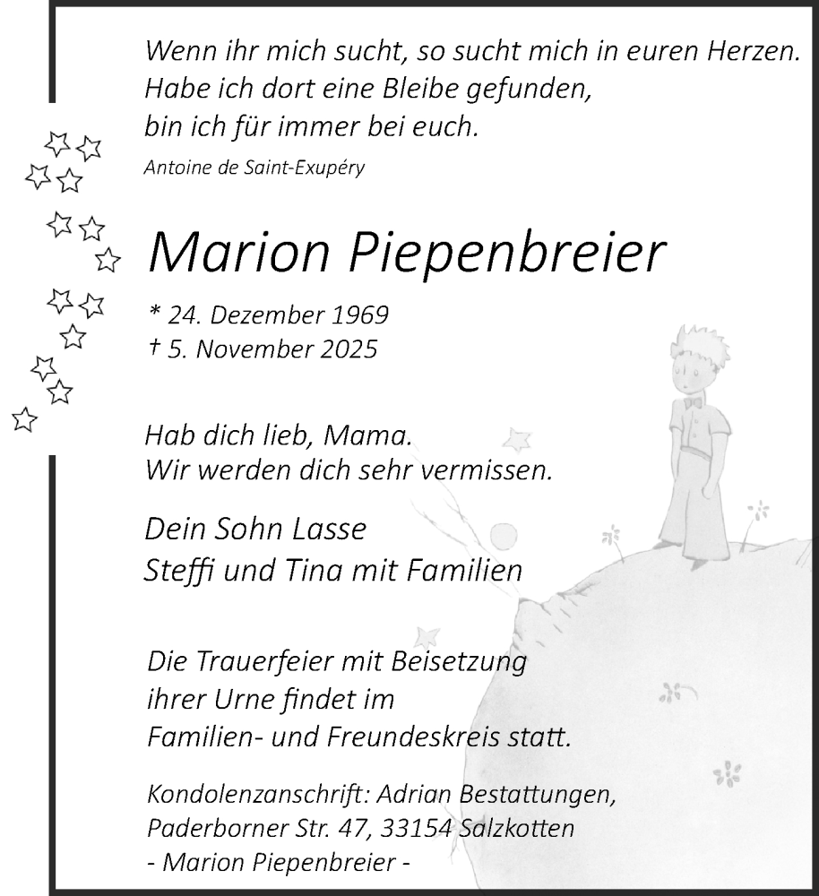  Traueranzeige für Marion Piepenbreier vom 15.11.2025 aus Neue Westfälische und Westfalen-Blatt