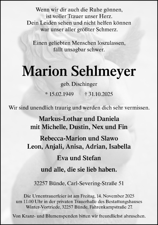 Traueranzeige von Marion Sehlmeyer von Neue Westfälische und Westfalen-Blatt