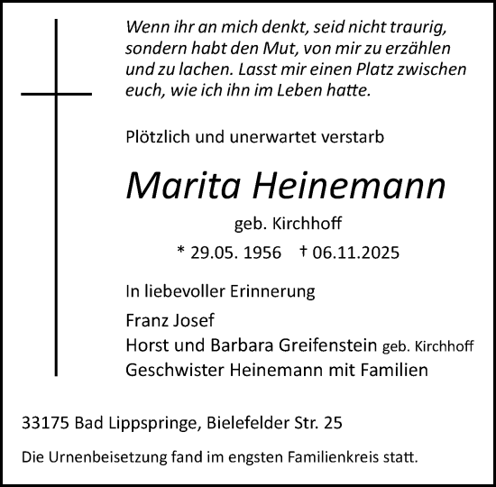 Traueranzeige von Marita Heinemann von Neue Westfälische und Westfalen-Blatt