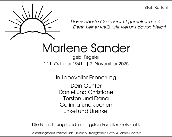 Traueranzeige von Marlene Sander von Neue Westfälische und Westfalen-Blatt