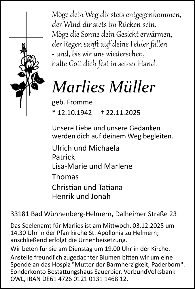  Traueranzeige für Marlies Müller vom 29.11.2025 aus Neue Westfälische und Westfalen-Blatt