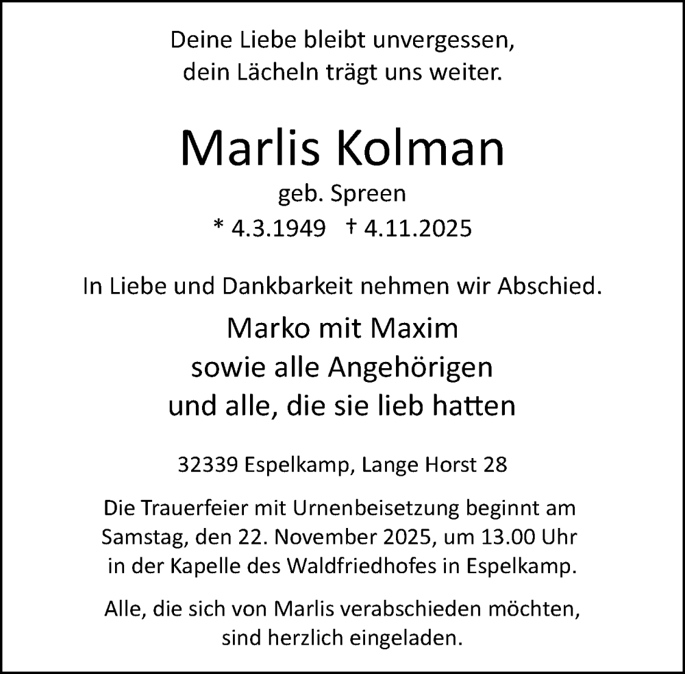  Traueranzeige für Marlis Kollman vom 19.11.2025 aus Neue Westfälische und Westfalen-Blatt