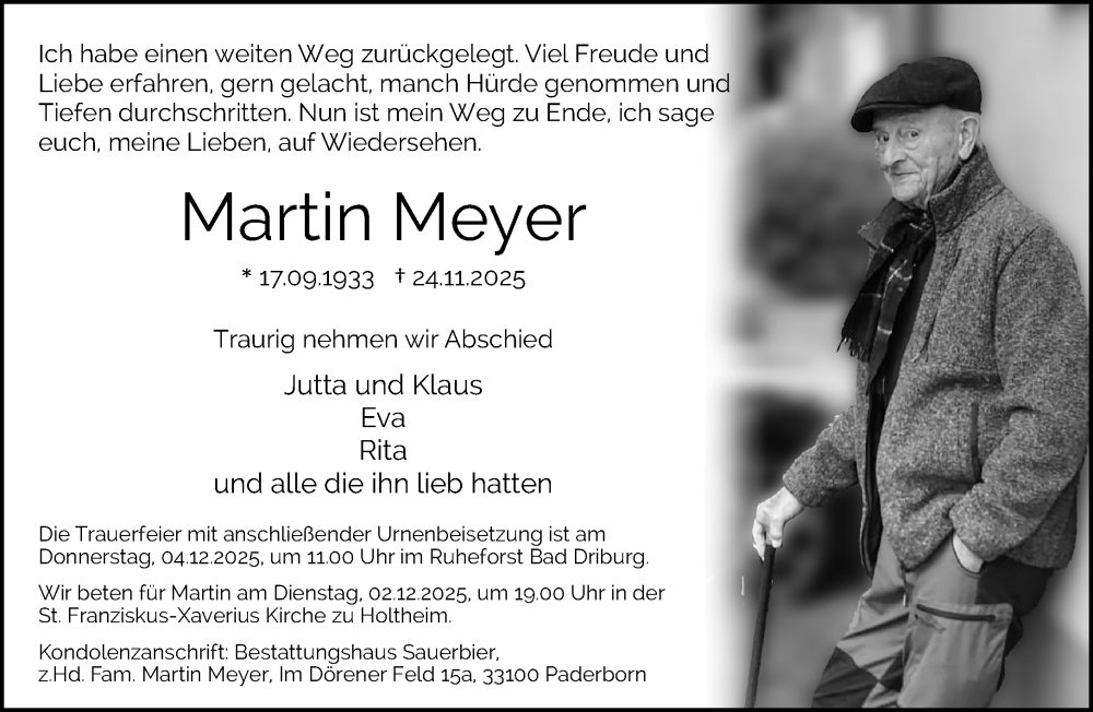  Traueranzeige für Martin Meyer vom 29.11.2025 aus Neue Westfälische und Westfalen-Blatt