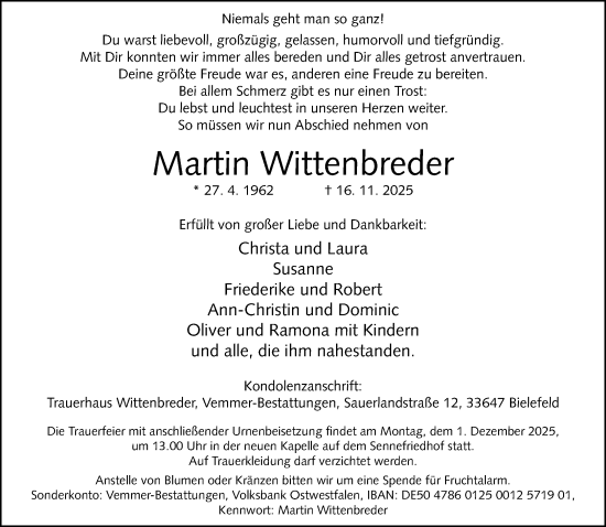 Traueranzeige von Martin Wittenbreder von Neue Westfälische und Westfalen-Blatt
