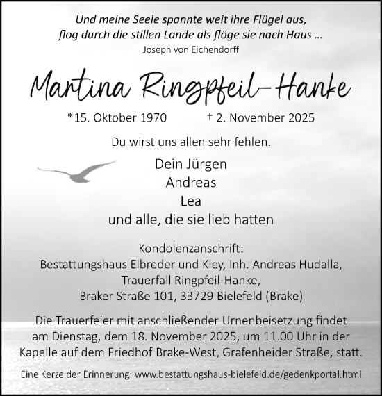 Traueranzeige von Martina Ringpfeil-Hanke von Neue Westfälische und Westfalen-Blatt