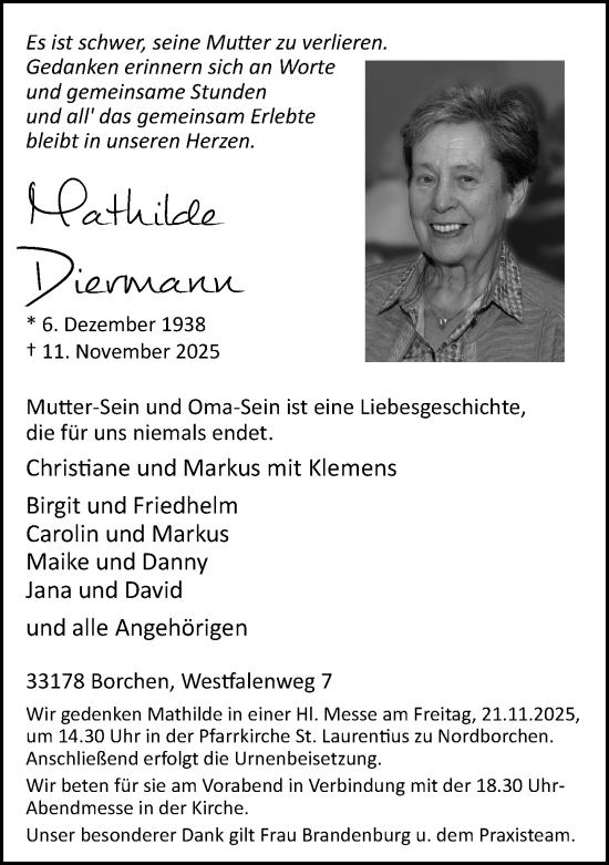 Traueranzeige von Mathilde Diermann von Neue Westfälische und Westfalen-Blatt