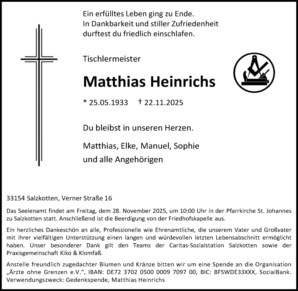  Traueranzeige für Matthias Heinrichs vom 26.11.2025 aus Neue Westfälische und Westfalen-Blatt