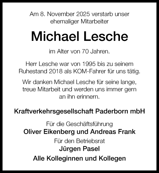 Traueranzeige von Michael Lesche von Neue Westfälische und Westfalen-Blatt