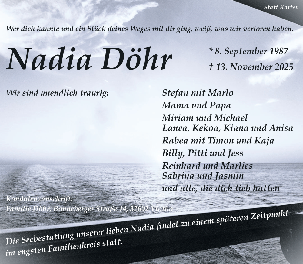  Traueranzeige für Nadia Döhr vom 22.11.2025 aus Neue Westfälische und Westfalen-Blatt