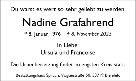 Traueranzeige von Nadine Grafahrend von Neue Westfälische und Westfalen-Blatt
