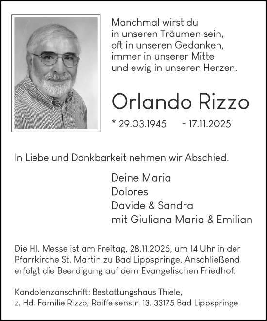 Traueranzeige von Orlando Rizzo von Neue Westfälische und Westfalen-Blatt