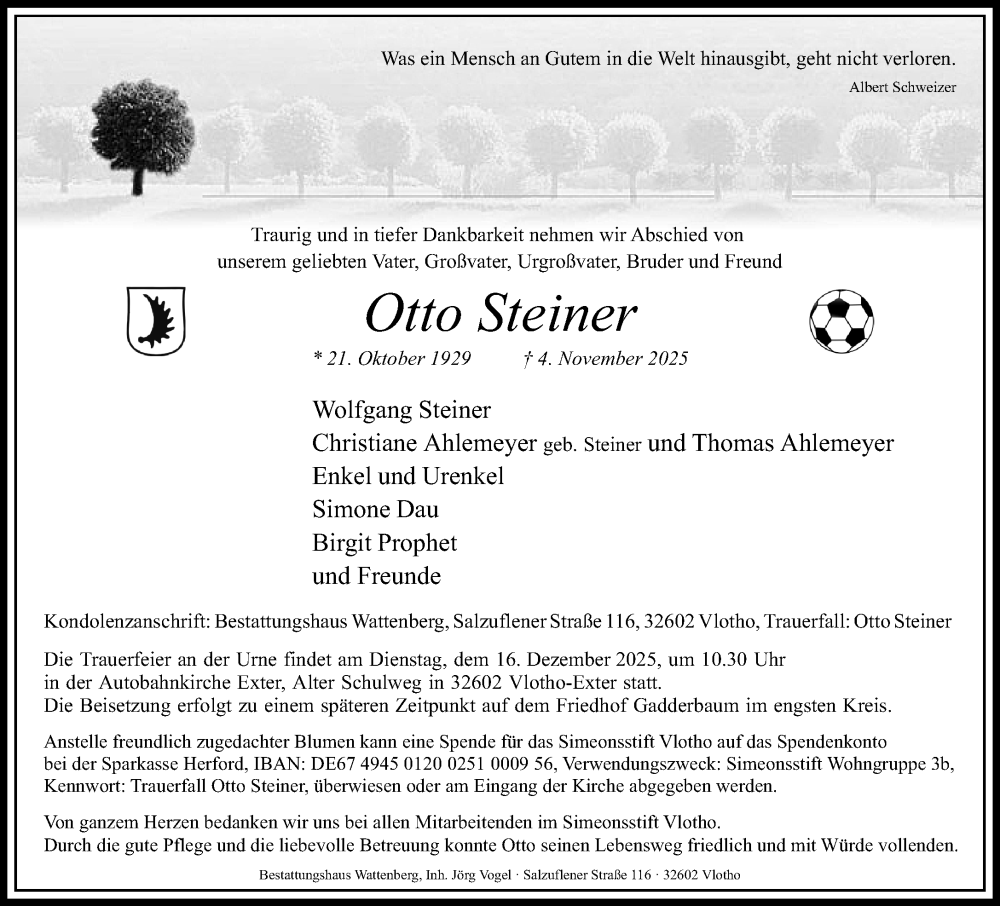  Traueranzeige für Otto Steiner vom 29.11.2025 aus Neue Westfälische und Westfalen-Blatt