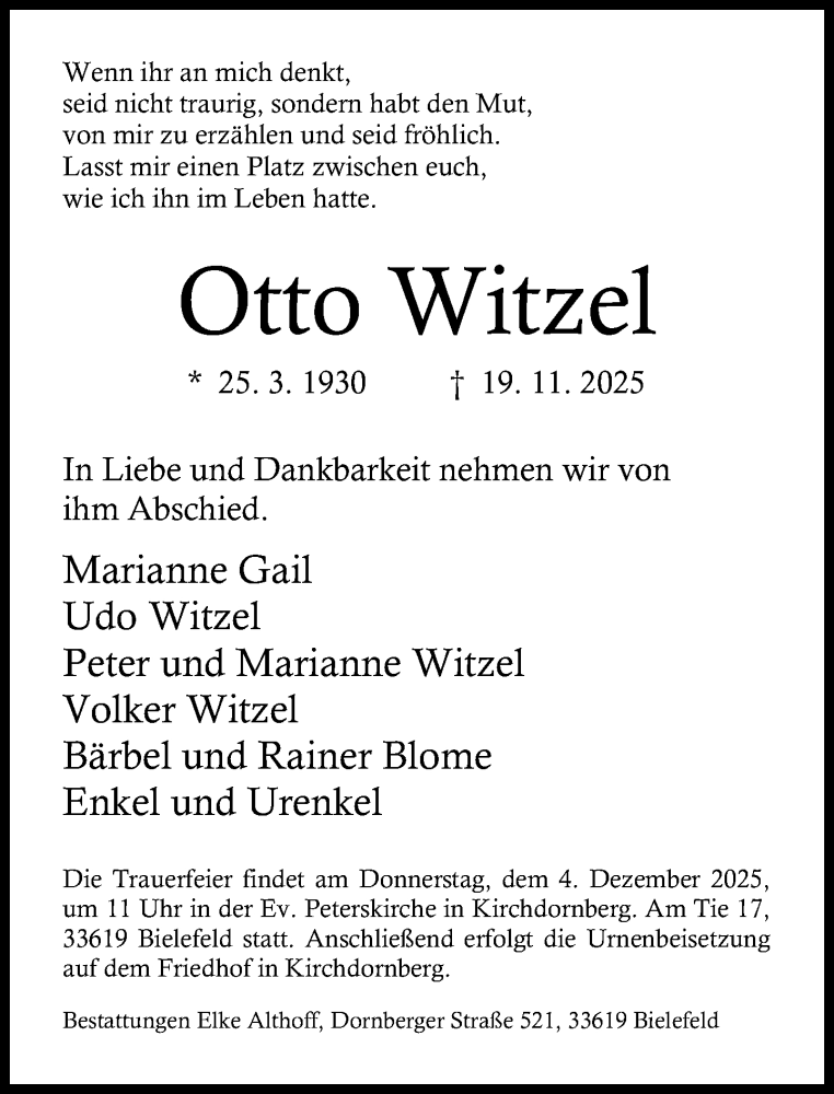  Traueranzeige für Otto Witzel vom 29.11.2025 aus Neue Westfälische und Westfalen-Blatt