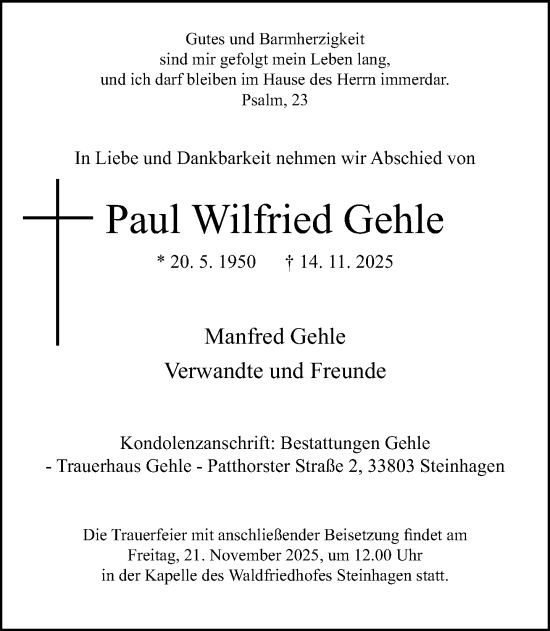 Traueranzeige von Paul Wilfried Gehle von Neue Westfälische und Westfalen-Blatt