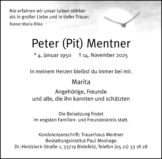 Traueranzeige von Peter Mentner von Neue Westfälische und Westfalen-Blatt