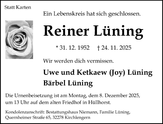 Traueranzeige von Reiner Lüning von Neue Westfälische und Westfalen-Blatt