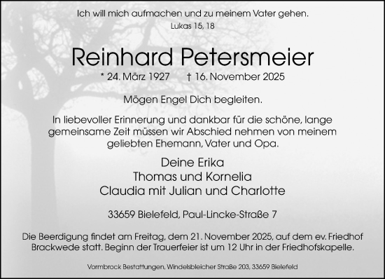 Traueranzeige von Reinhard Petersmeier von Neue Westfälische und Westfalen-Blatt
