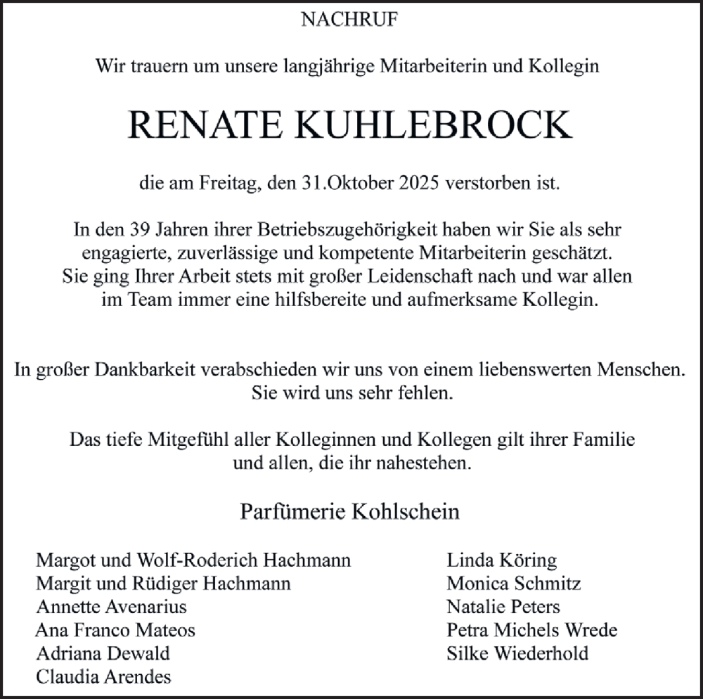  Traueranzeige für Renate Kühlebrock vom 14.11.2025 aus Neue Westfälische und Westfalen-Blatt