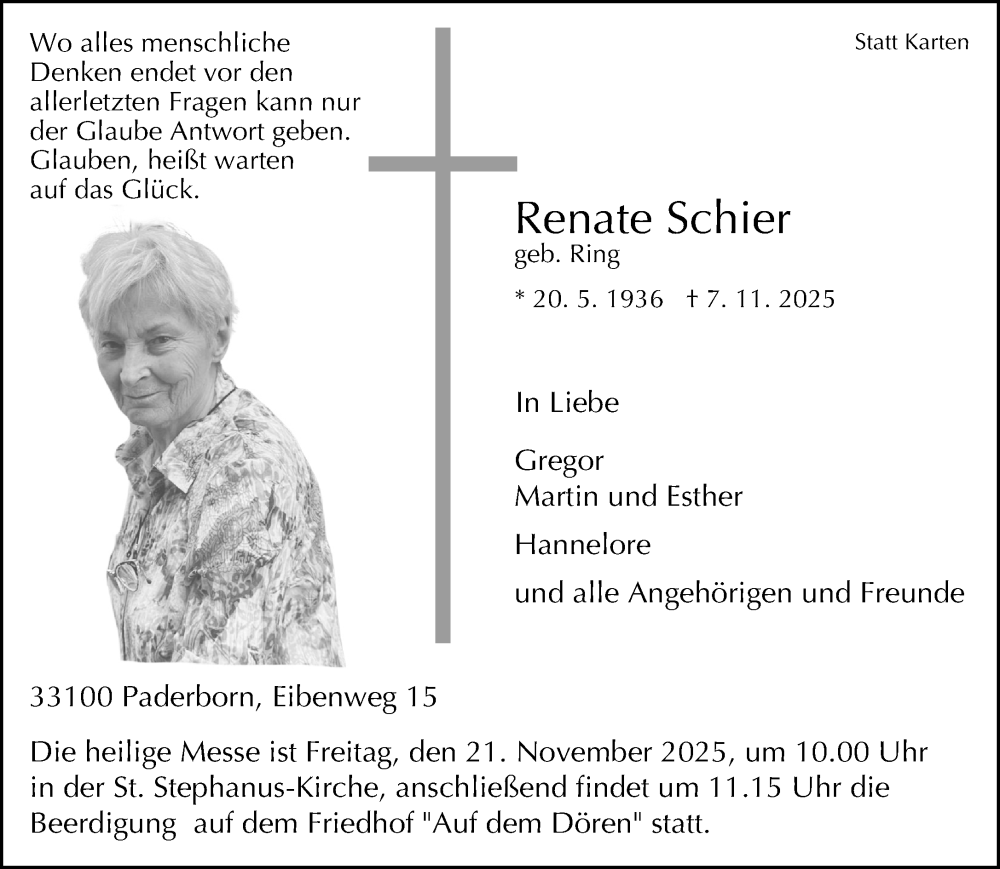  Traueranzeige für Renate Schier vom 15.11.2025 aus Neue Westfälische und Westfalen-Blatt