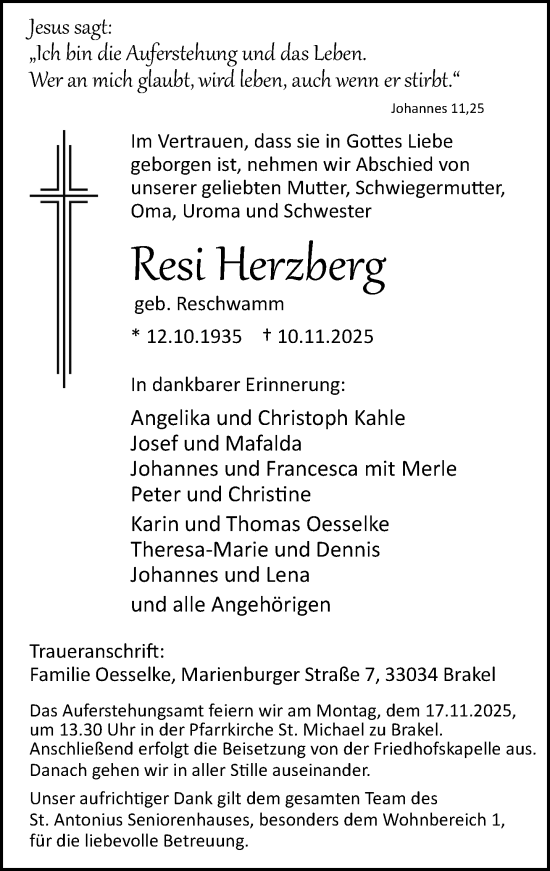 Traueranzeige von Resi Herzberg von Neue Westfälische und Westfalen-Blatt