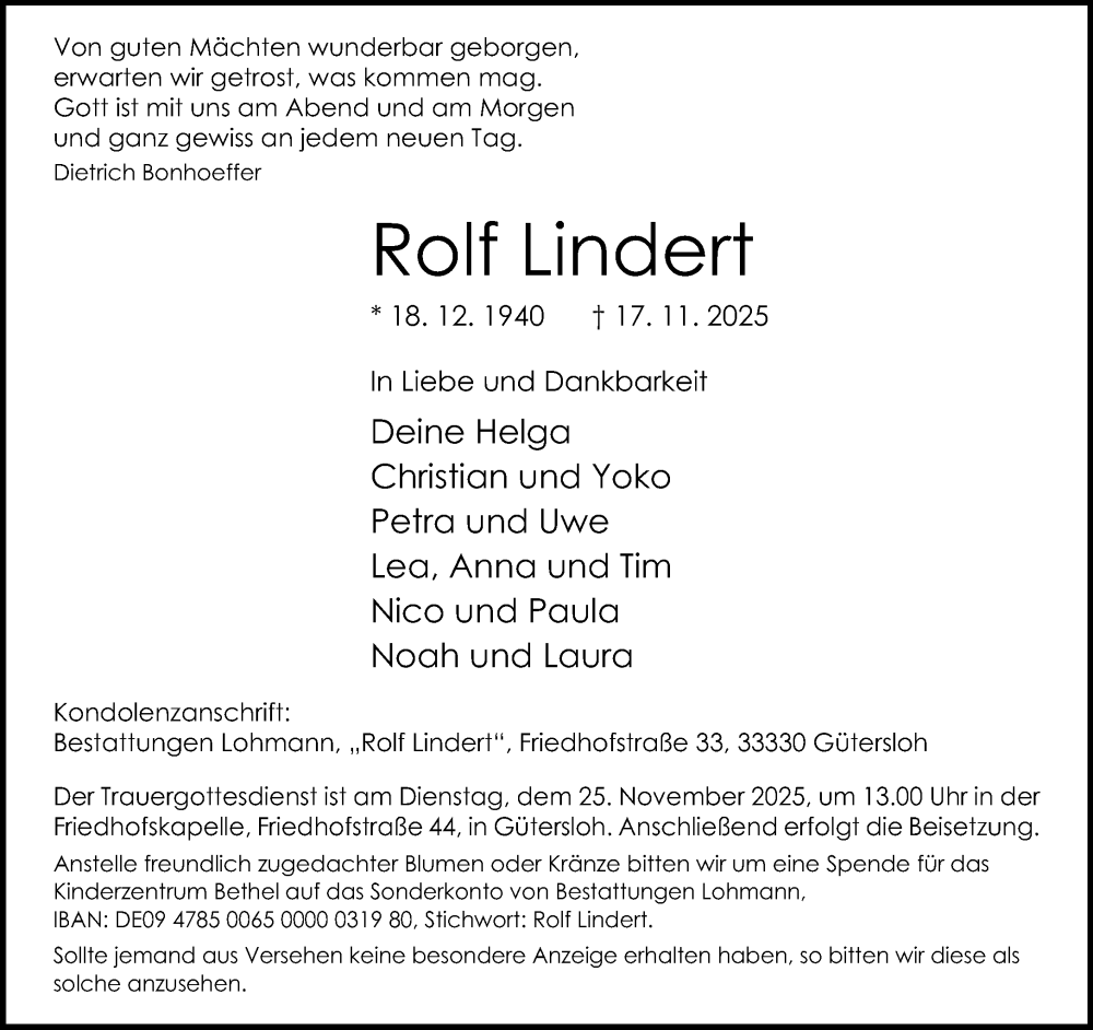  Traueranzeige für Rolf Lindert vom 22.11.2025 aus Neue Westfälische und Westfalen-Blatt