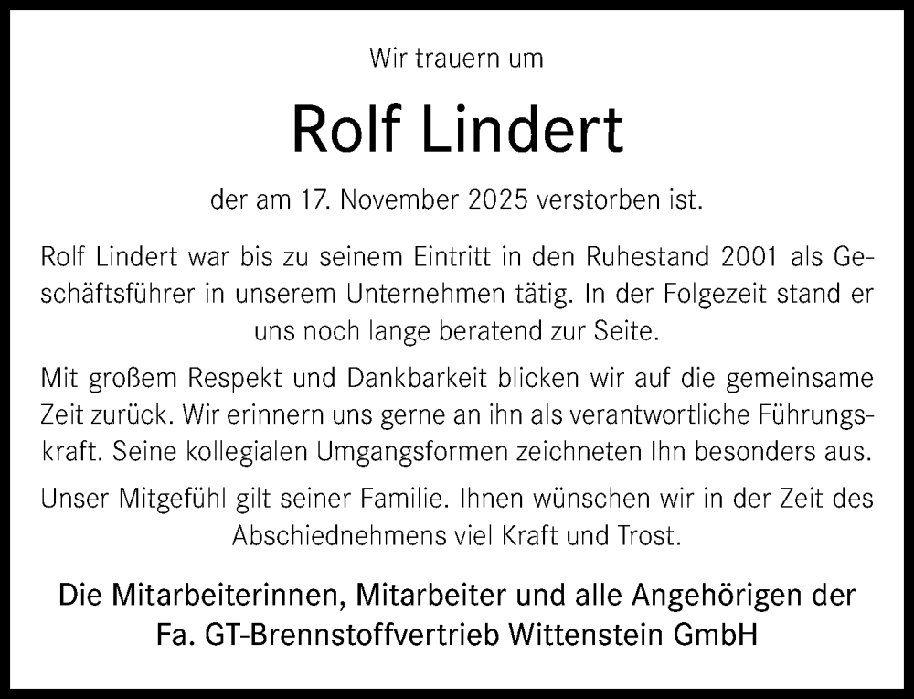  Traueranzeige für Rolf Lindert vom 29.11.2025 aus Neue Westfälische und Westfalen-Blatt