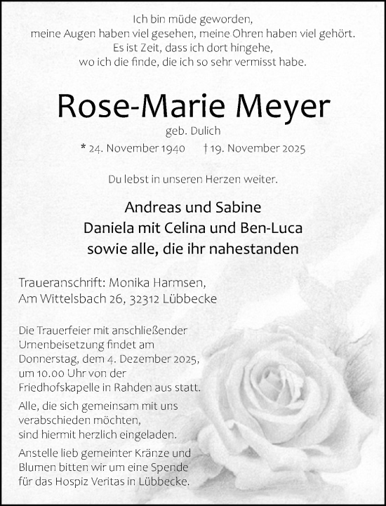 Traueranzeige von Rose-Marie Meyer von Neue Westfälische und Westfalen-Blatt