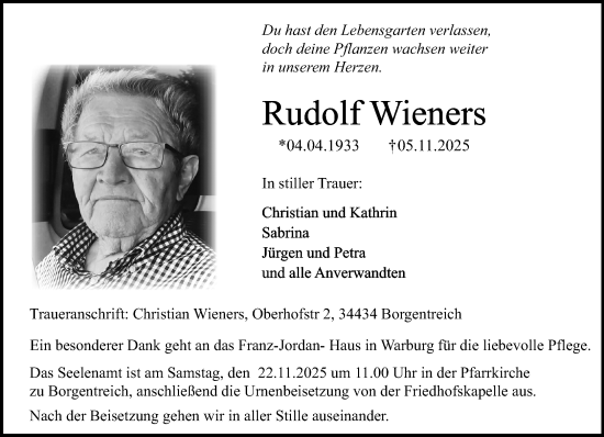 Traueranzeige von Rudolf Wieners von Neue Westfälische und Westfalen-Blatt