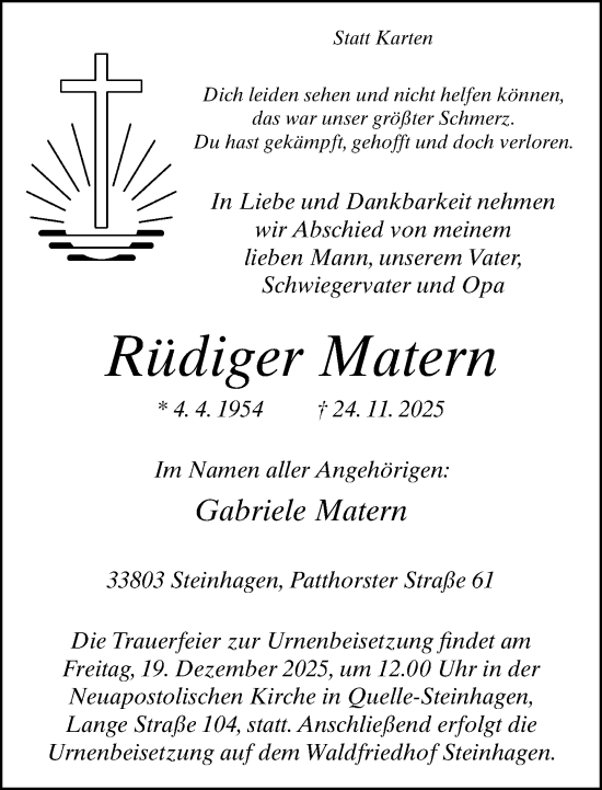 Traueranzeige von Rüdiger Matern von Neue Westfälische und Westfalen-Blatt