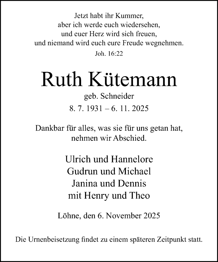  Traueranzeige für Ruth Kütemann vom 08.11.2025 aus Neue Westfälische und Westfalen-Blatt