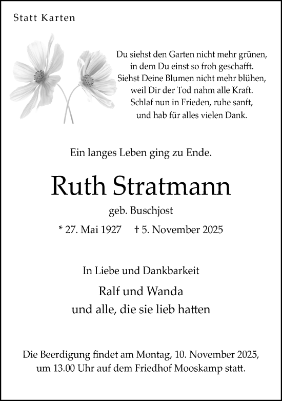 Traueranzeige von Ruth Stratmann von Neue Westfälische und Westfalen-Blatt