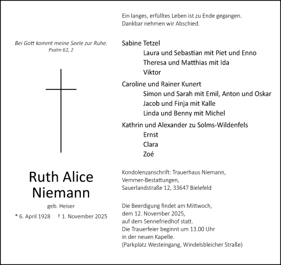 Traueranzeige von Ruth Alice Niemann von Neue Westfälische und Westfalen-Blatt