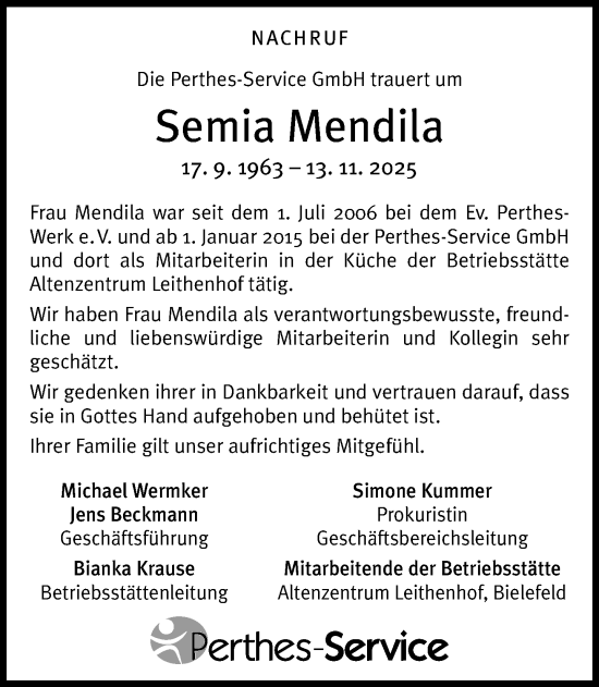 Traueranzeige von Semia Mendila von Neue Westfälische und Westfalen-Blatt