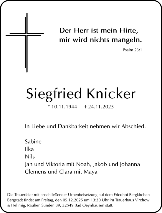 Traueranzeige von Siegfried Knicker von Neue Westfälische und Westfalen-Blatt