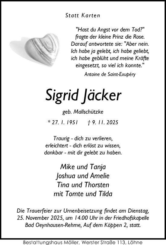 Traueranzeige von Sigrid Jäcker von Neue Westfälische und Westfalen-Blatt
