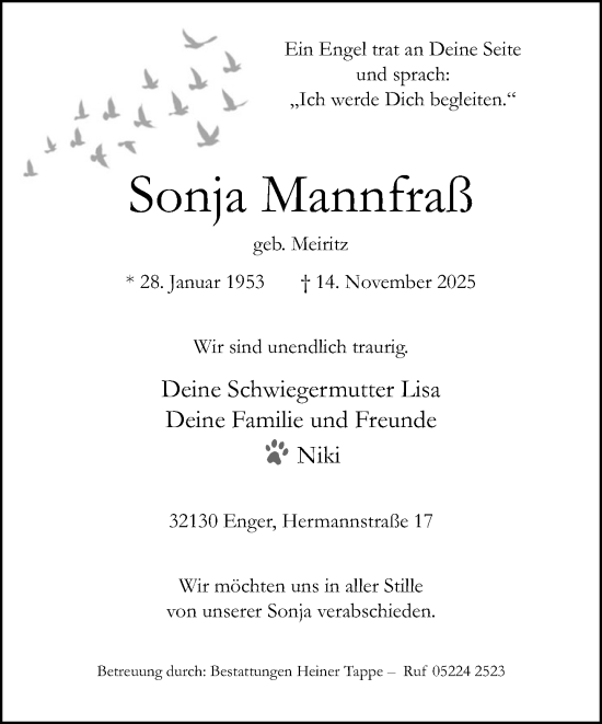 Traueranzeige von Sonja Mannfraß von Neue Westfälische und Westfalen-Blatt