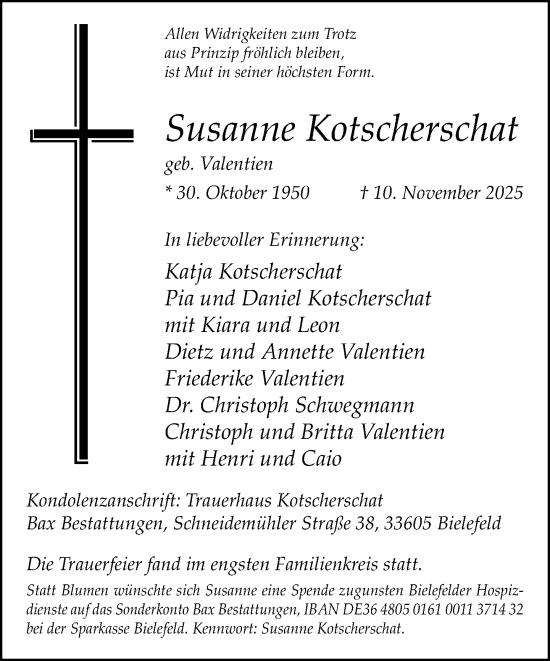 Traueranzeige von Susanne Kotscherschat von Neue Westfälische und Westfalen-Blatt