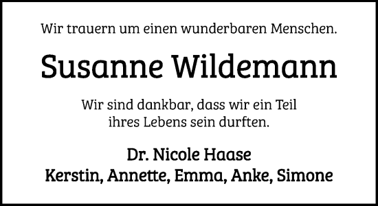 Traueranzeige von Susanne Wildemann von Neue Westfälische und Westfalen-Blatt