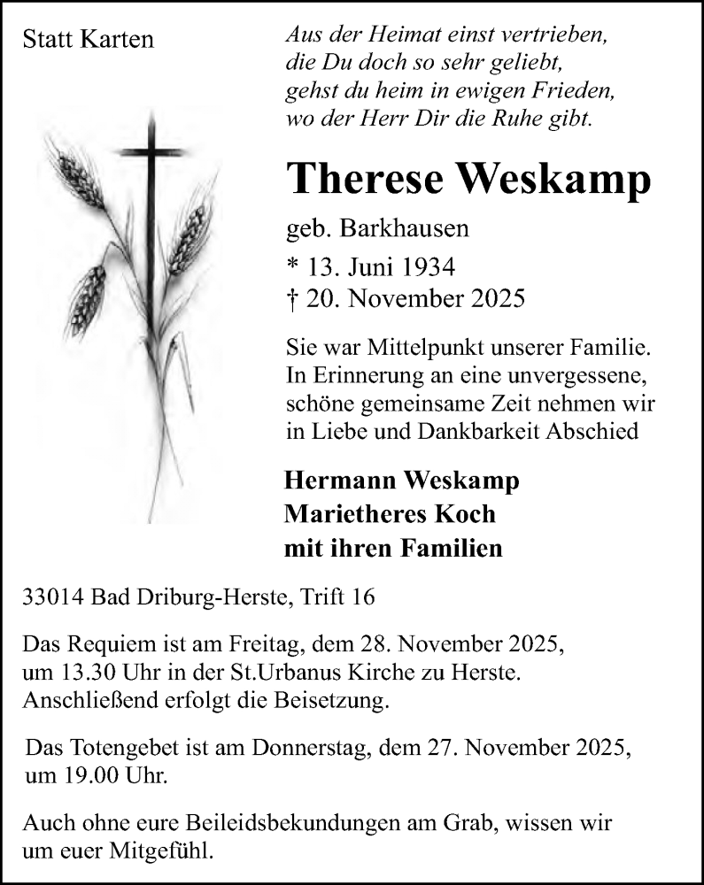  Traueranzeige für Therese Weskamp vom 22.11.2025 aus Neue Westfälische und Westfalen-Blatt