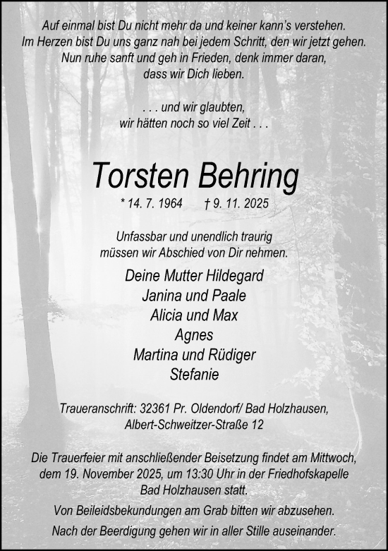 Traueranzeige von Torsten Behring von Neue Westfälische und Westfalen-Blatt