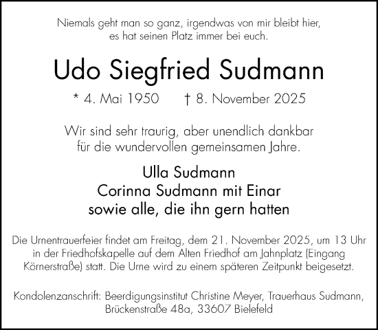 Traueranzeige von Udo Siegfried Sudmann von Neue Westfälische und Westfalen-Blatt
