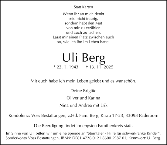 Traueranzeige von Uli Berg von Neue Westfälische und Westfalen-Blatt