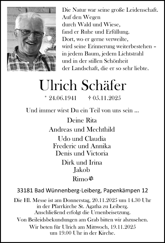 Traueranzeige von Ulrich Schäfer von Neue Westfälische und Westfalen-Blatt