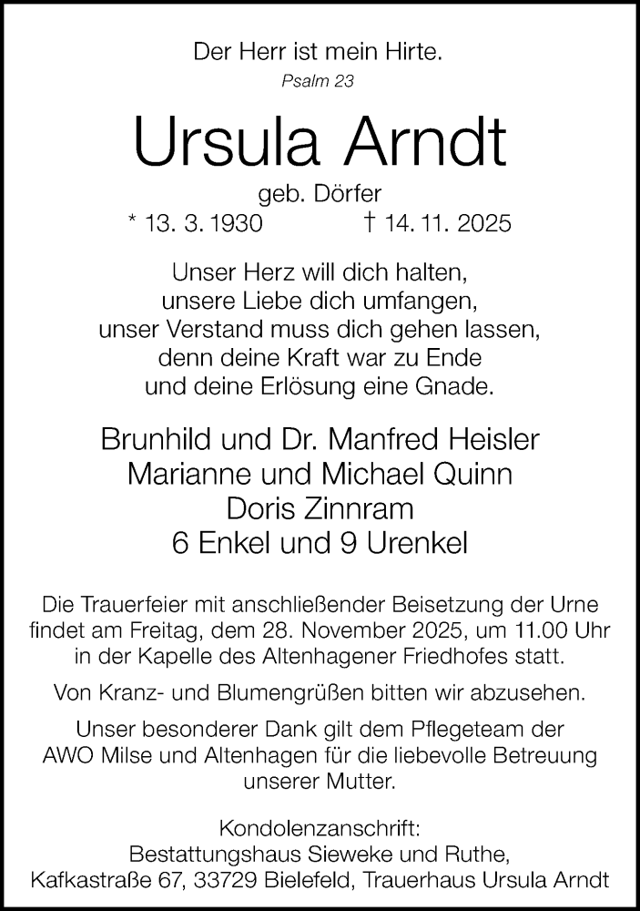  Traueranzeige für Ursula Arndt vom 22.11.2025 aus Neue Westfälische und Westfalen-Blatt