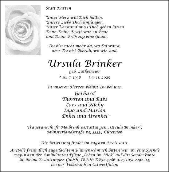 Traueranzeige von Ursula Brinker von Neue Westfälische und Westfalen-Blatt