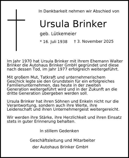 Traueranzeige von Ursula Brinker von Neue Westfälische und Westfalen-Blatt