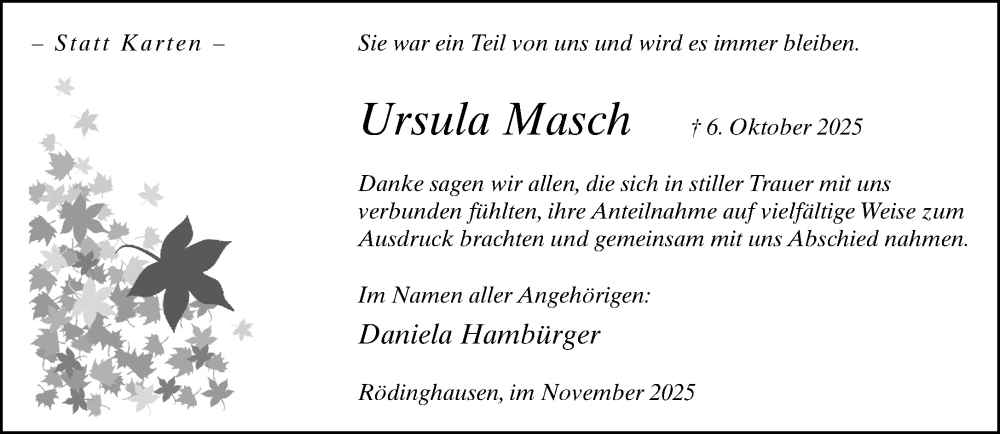  Traueranzeige für Ursula Masch vom 29.11.2025 aus Neue Westfälische und Westfalen-Blatt